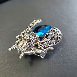 Blue Crystal Brooch Fly Bug Silver tone Necklace